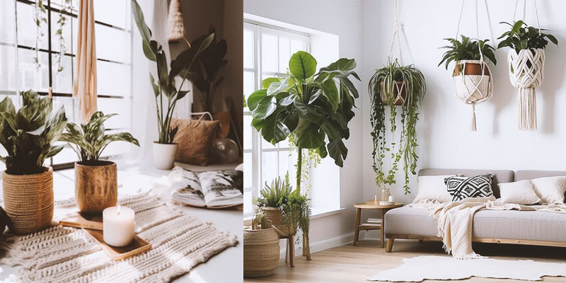 Boho living room style which is designed by plants