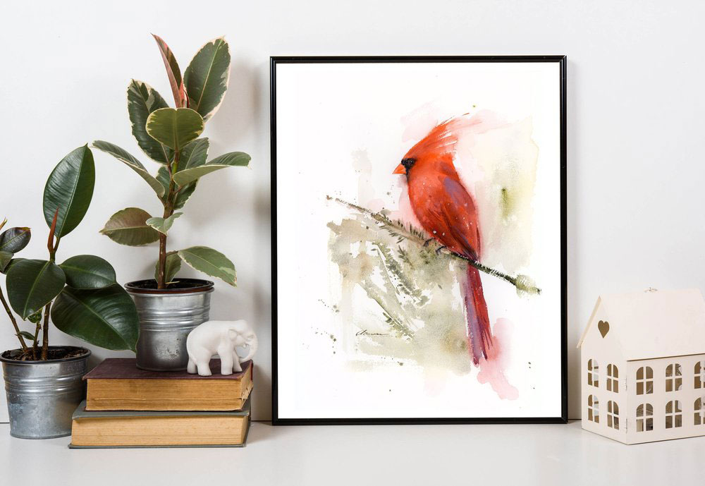 Cardinal Bird Watercolor Painting in Decor