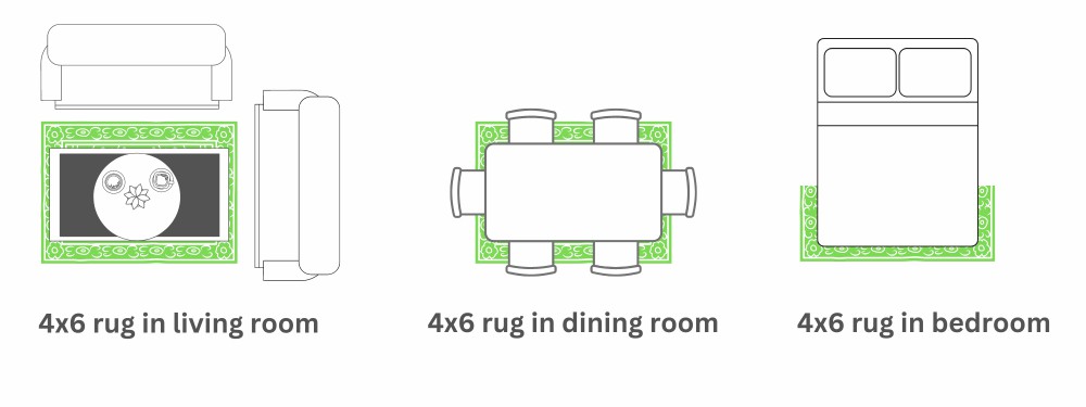 4 x 6 Persian rugs in living room, bedroom, dining room
